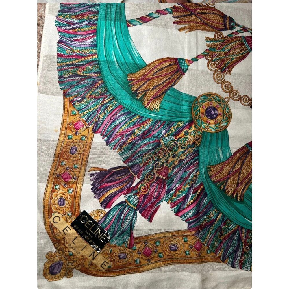 Vintage Celine 18x18 Scarf Maximalist Tassel Gem Print Artsy Cotton Luxury - Picture 4 of 4